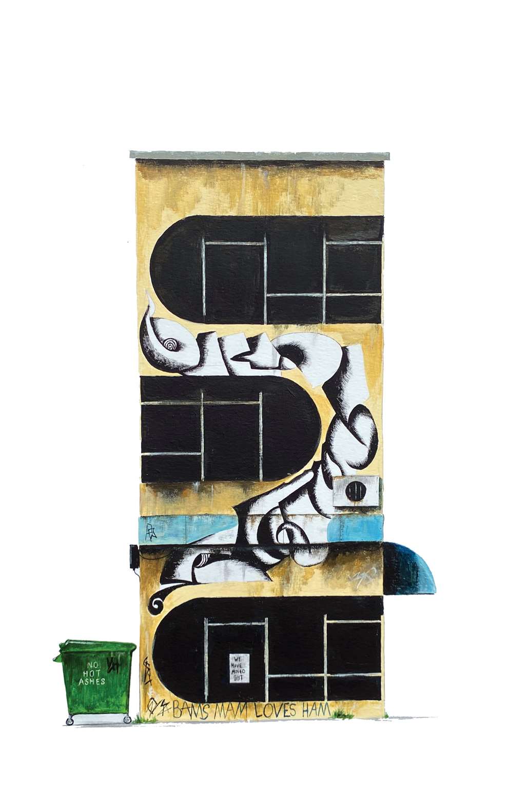 Nick Coupland, Mixed Media architectural illustration of building with graffiti. Pen and ink combined with collage and paint to create a striking bold image.  